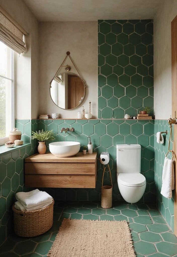 14 Green Hexagon Tile Bathroom Ideas With Fresh Energy - 13. Layering Textures