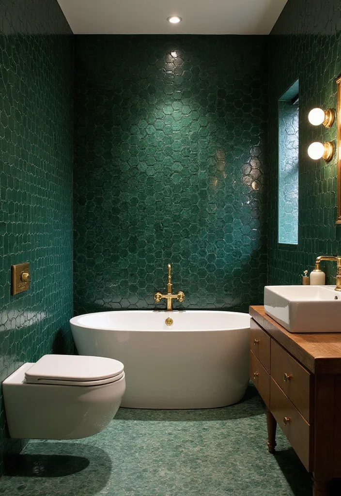 14 Green Hexagon Tile Bathroom Ideas With Fresh Energy - 2. Deep Forest Green Elegance