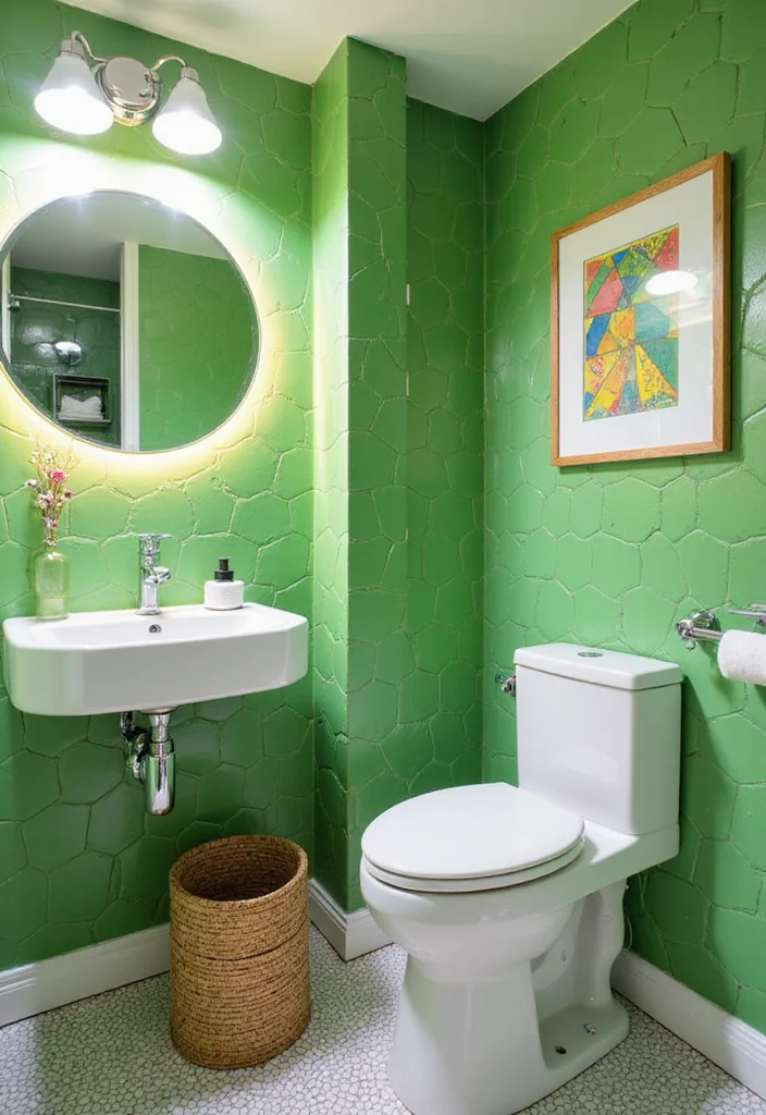 14 Green Hexagon Tile Bathroom Ideas With Fresh Energy - 4. Neon Accents and White