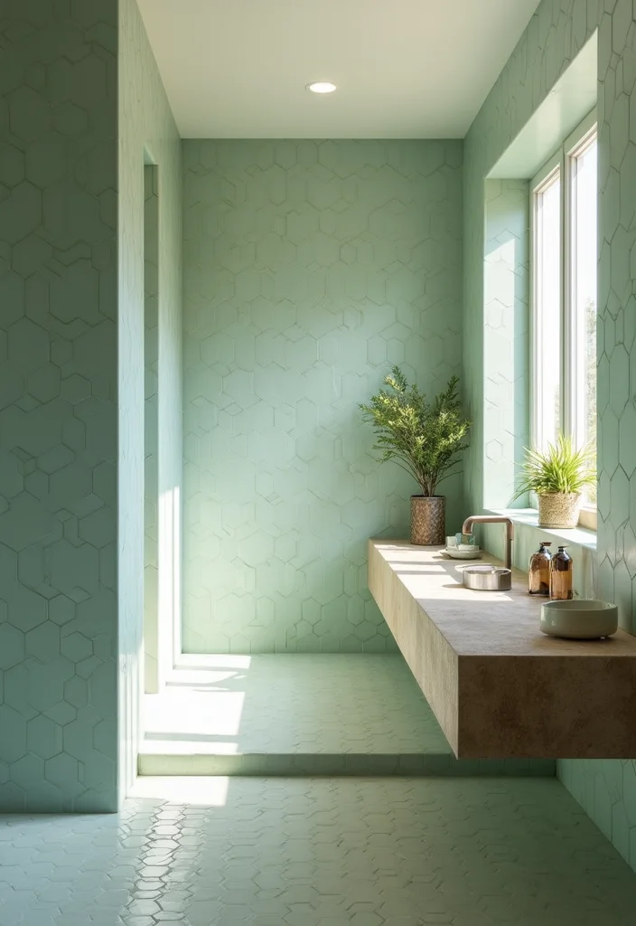 14 Green Hexagon Tile Bathroom Ideas With Fresh Energy - 5. Light Sage Serenity