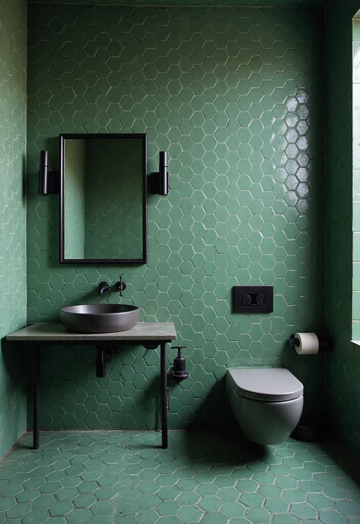 14 Green Hexagon Tile Bathroom Ideas With Fresh Energy - 6. Bold Black and Green Contrast