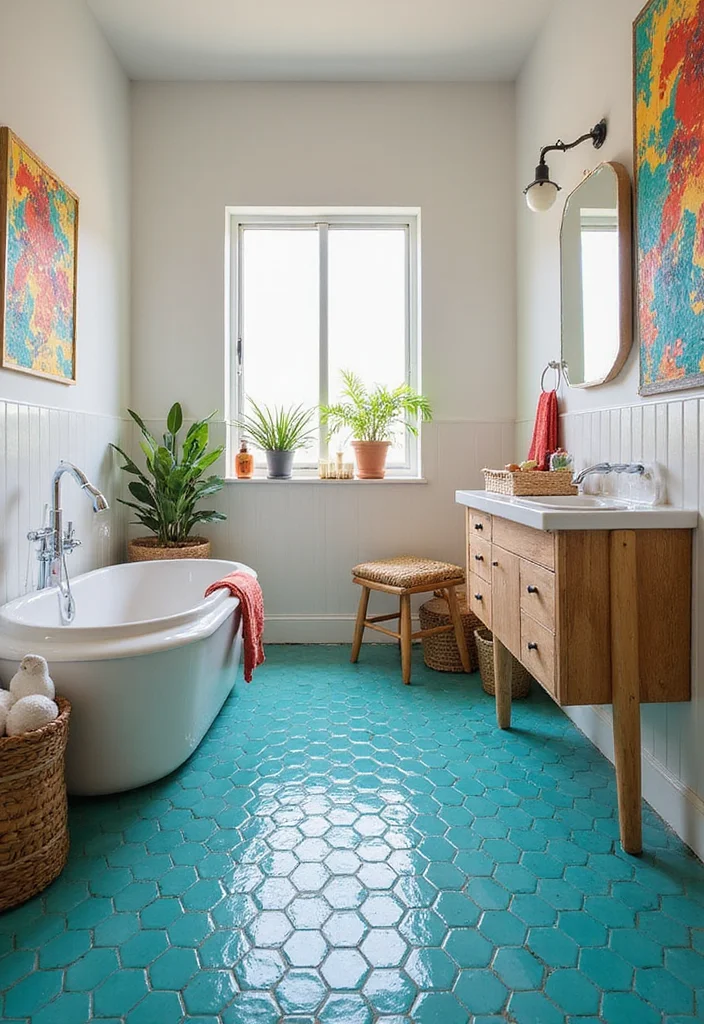14 Green Hexagon Tile Bathroom Ideas With Fresh Energy - 8. Earthy Turquoise Wonder