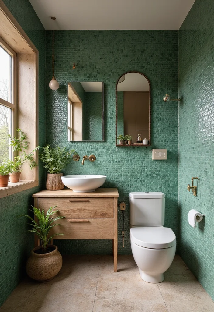 14 Green Mosaic Tile Bathroom Ideas You Should Save - 13. Combining Green with Natural Elements