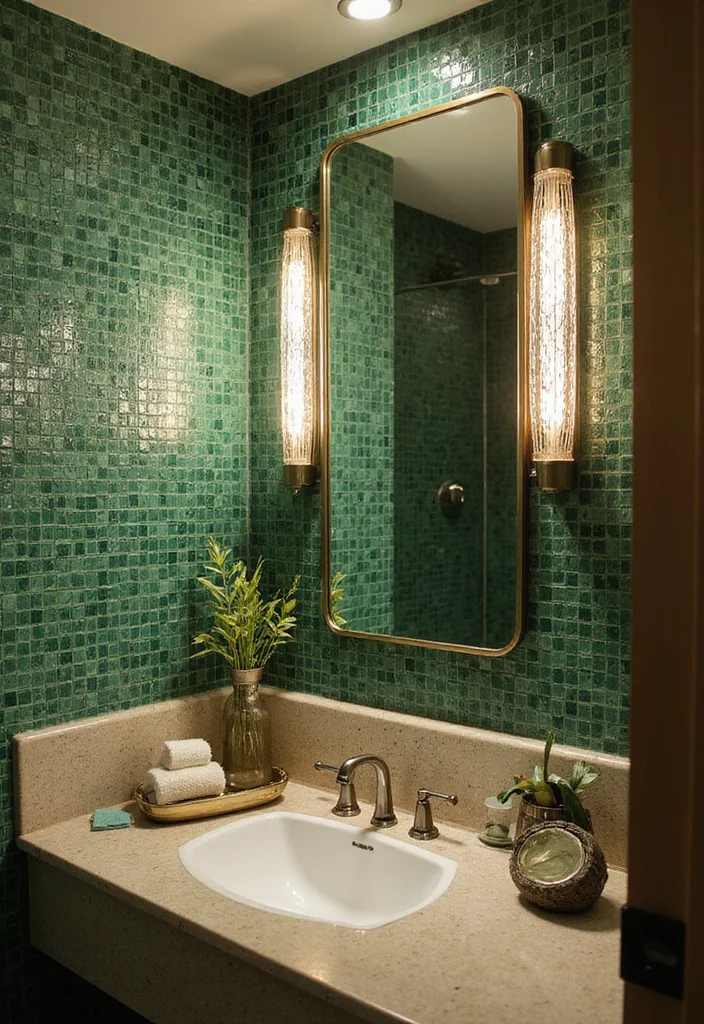 14 Green Mosaic Tile Bathroom Ideas You Should Save - 14. Layered Lighting with Green Accents