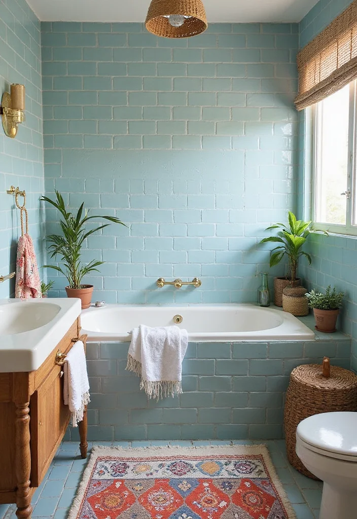14 Light Blue Tile Bathroom Ideas With Calm Vibe - 10. Beachy Bohemian Vibes