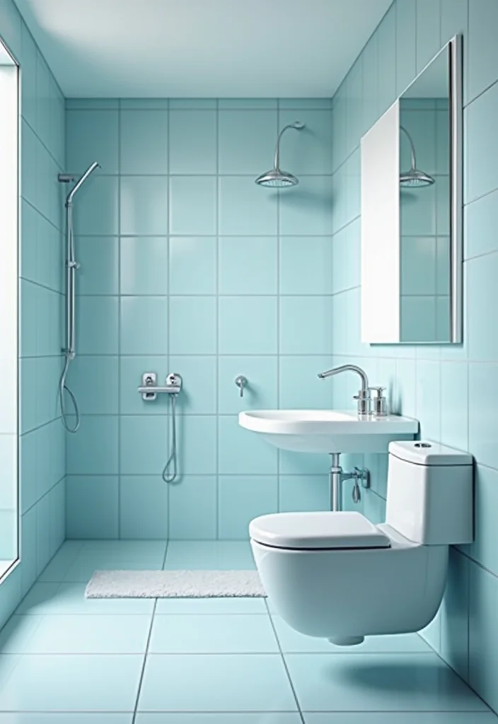 14 Light Blue Tile Bathroom Ideas With Calm Vibe - 12. Minimalist Blue Designs