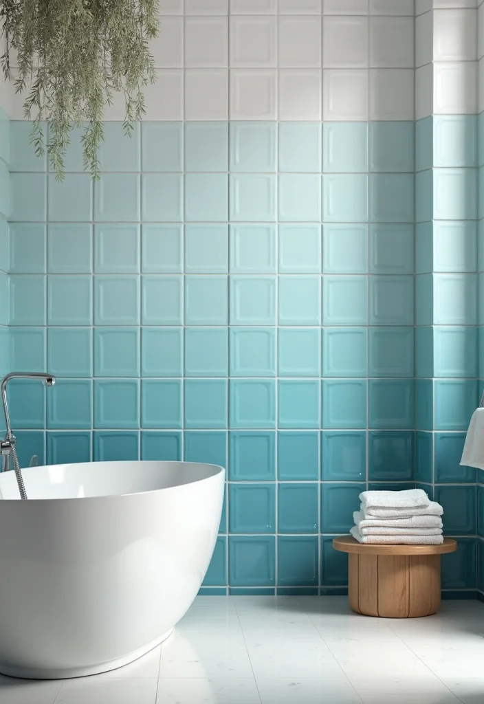 14 Light Blue Tile Bathroom Ideas With Calm Vibe - 3. Ombre Effects