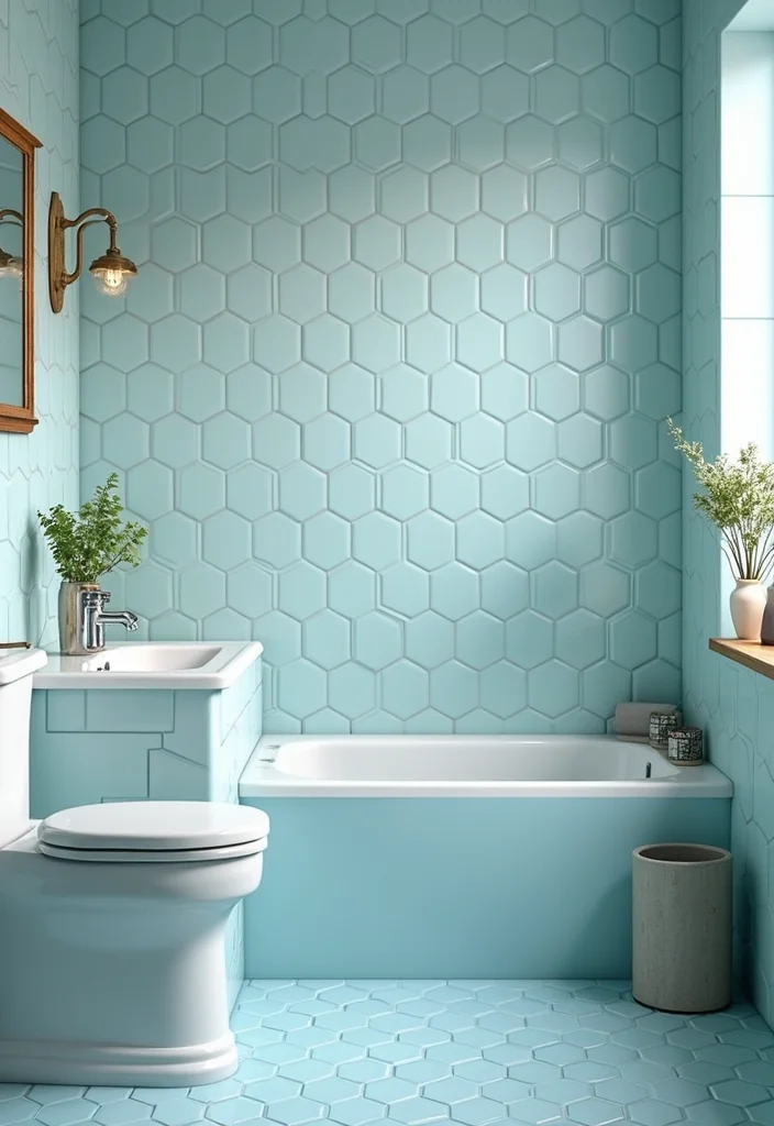 14 Light Blue Tile Bathroom Ideas With Calm Vibe - 5. Vintage Vibe with Hexagonal Tiles