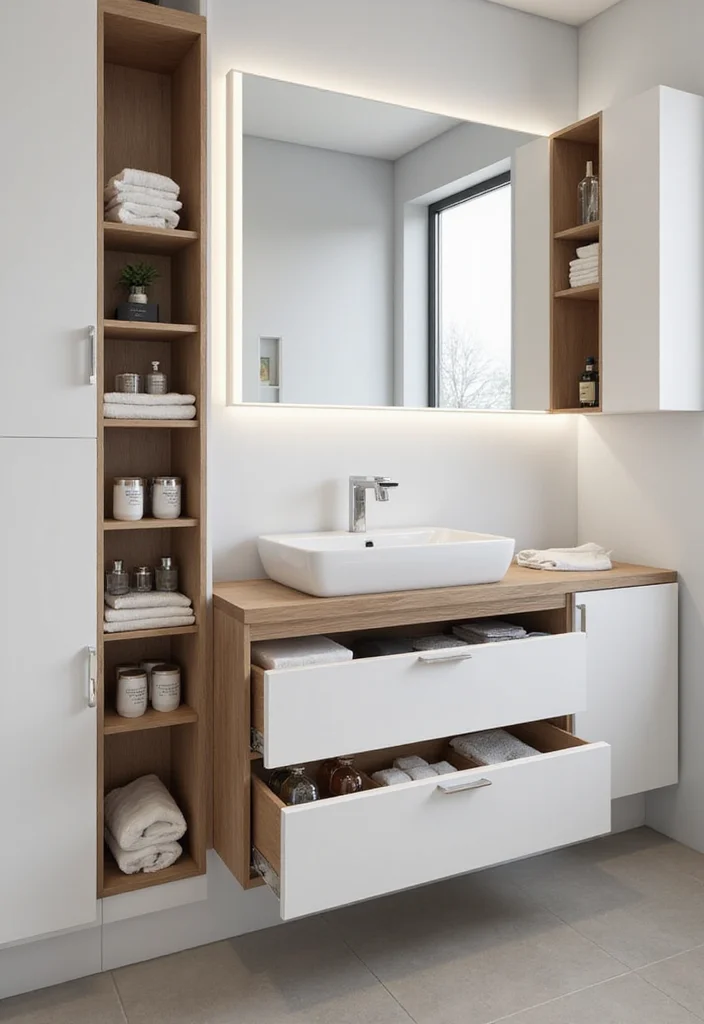 14 Minimalist Bathroom Vanity Ideas For Clean Living - 4. Integrated Storage Solutions
