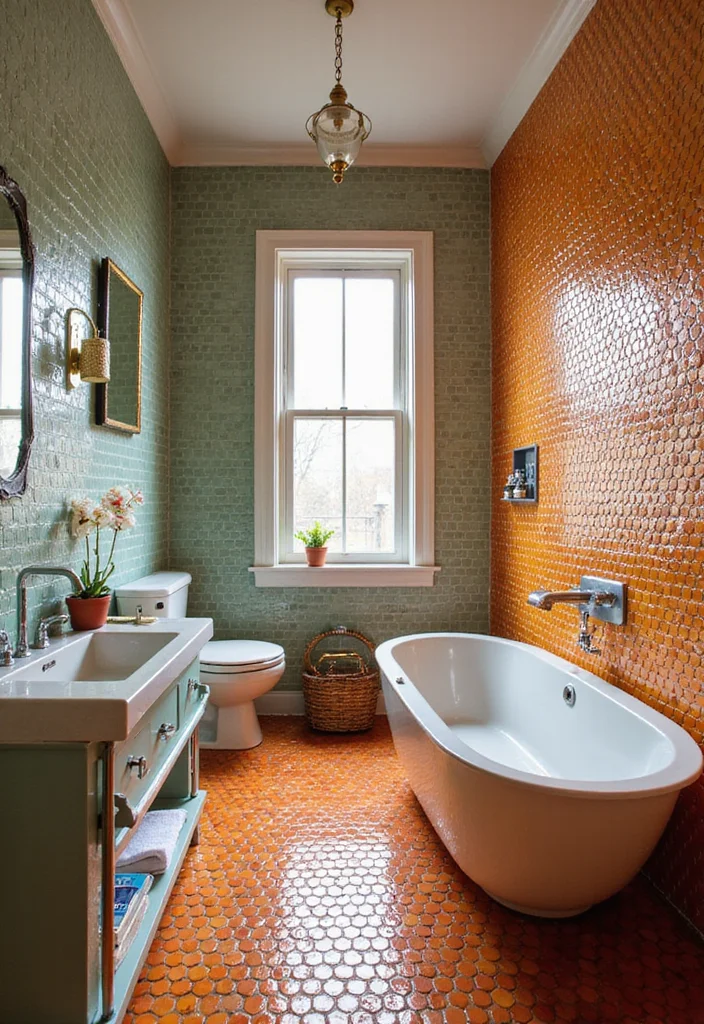 14 Penny Tile Bathroom Ideas That Feel Fresh - 3. Bold Color Statements