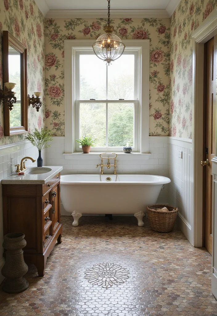 14 Penny Tile Bathroom Ideas That Feel Fresh - 5. Vintage Floral Inlay
