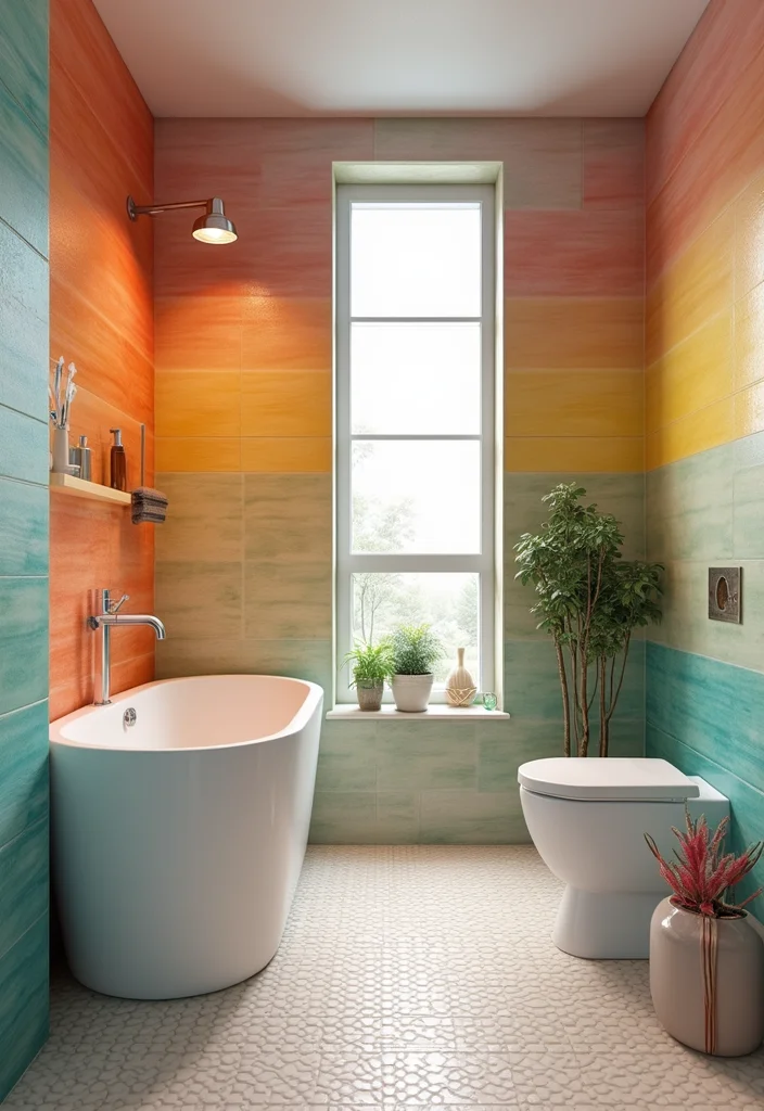 14 Porcelain Tile Bathroom Ideas For Durable Beauty - 10. Colorful Accents