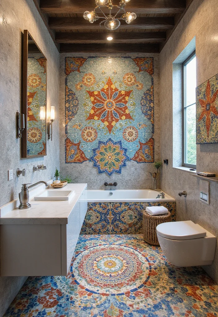 14 Porcelain Tile Bathroom Ideas For Durable Beauty - 12. Artistic Mosaic Designs