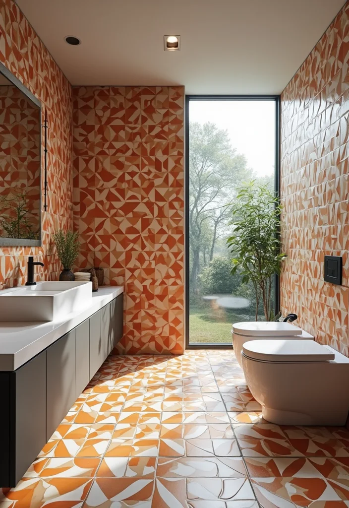14 Porcelain Tile Bathroom Ideas For Durable Beauty - 6. Bold Geometric Patterns