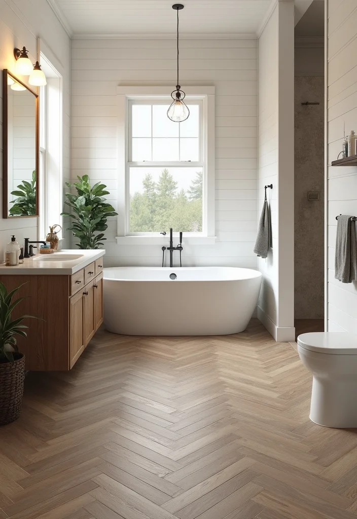 14 Rustic Bathroom Tile Ideas With Cozy Charm - 1. Herringbone Wood-Look Tiles
