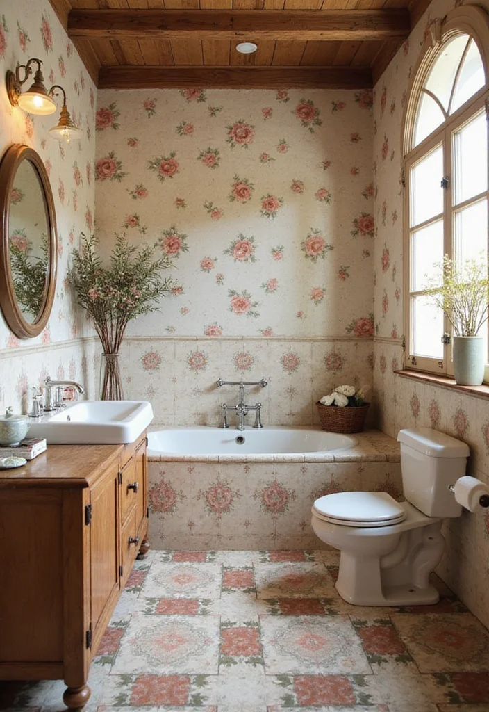 14 Rustic Bathroom Tile Ideas With Cozy Charm - 13. Vintage Floral Patterns