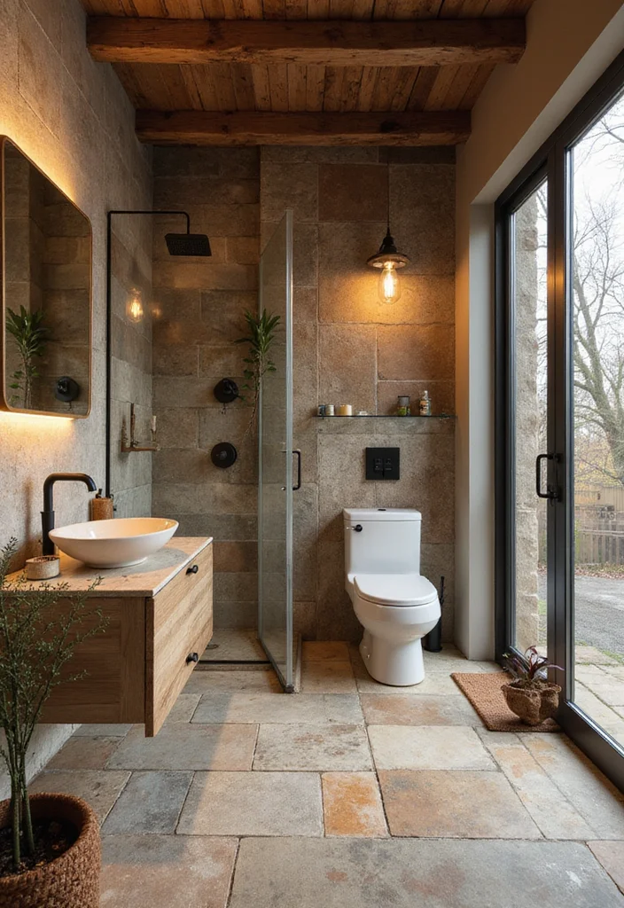 14 Rustic Bathroom Tile Ideas With Cozy Charm - 14. Glass Tiles for a Modern Rustic Look