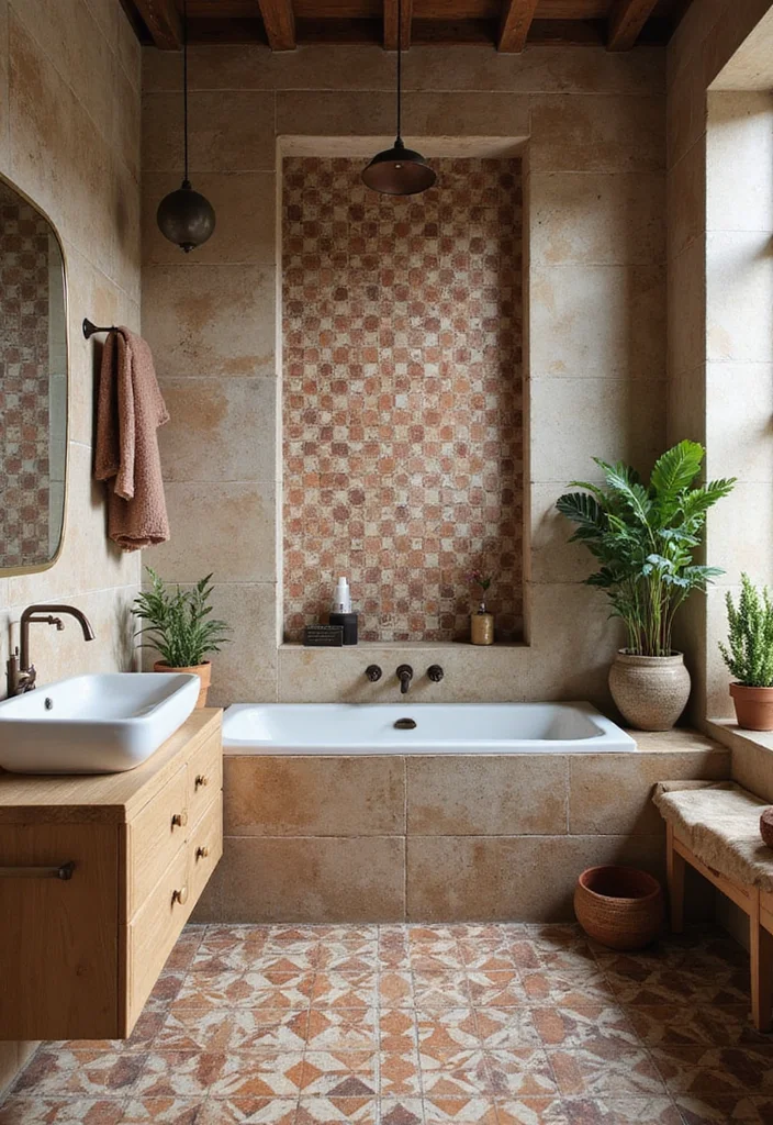 14 Rustic Bathroom Tile Ideas With Cozy Charm - 6. Cement Tiles with Geometric Patterns