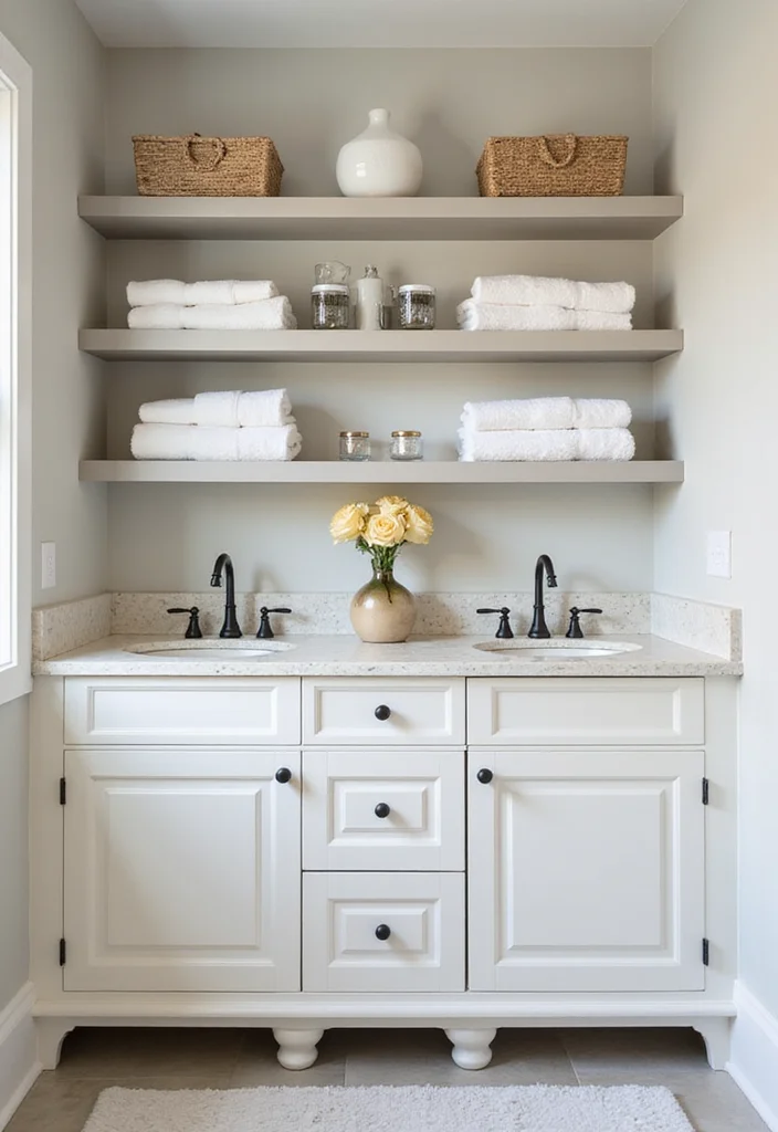 14 Shaker Bathroom Vanity Ideas With Timeless Appeal - 6. Chic Open Shelving
