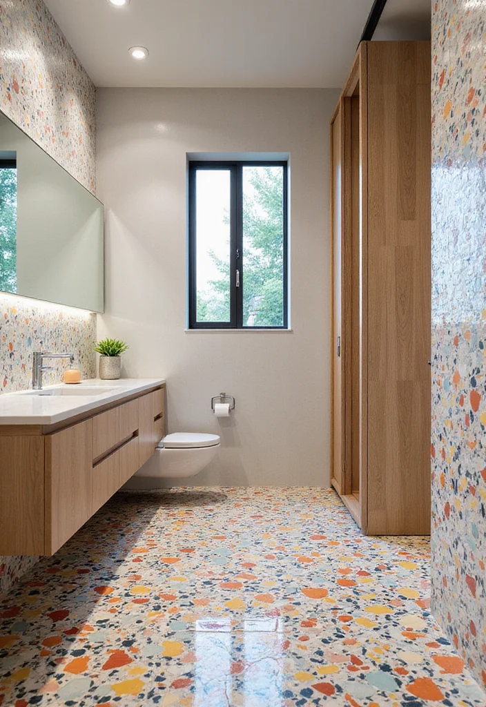 14 Terrazzo Tile Bathroom Ideas With Trendy Style - 1. Bold and Bright Colors