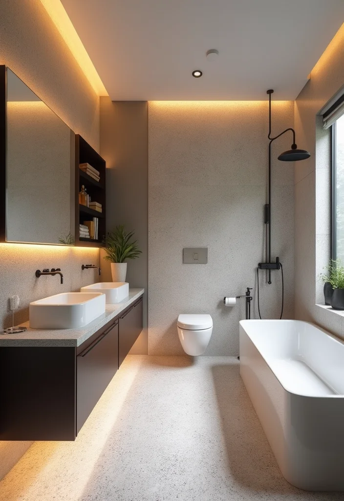 14 Terrazzo Tile Bathroom Ideas With Trendy Style - 12. Integrated Lighting
