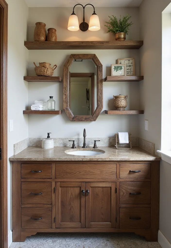 14 Walnut Vanity Bathroom Ideas With Warm Texture - 10. Rustic Accents with Walnut Vanity