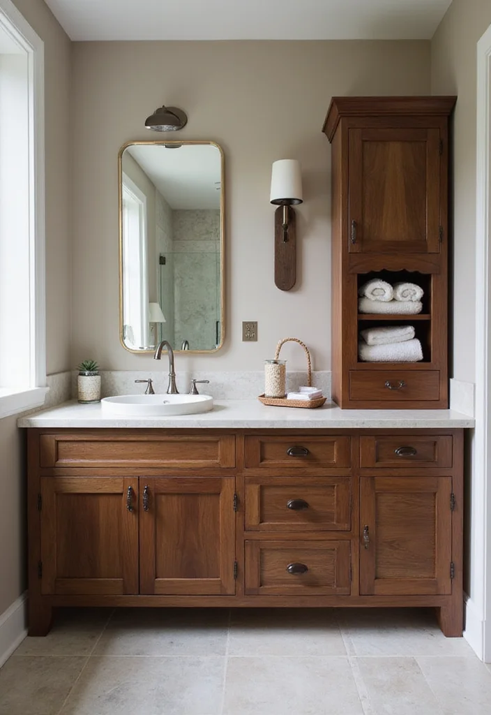 14 Walnut Vanity Bathroom Ideas With Warm Texture - 11. Walnut Vanity with Custom Features