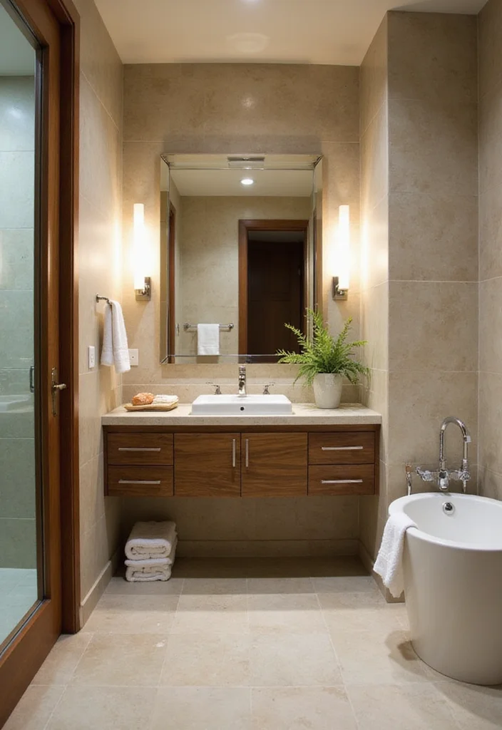 14 Walnut Vanity Bathroom Ideas With Warm Texture - 12. Walnut Vanity with Spa-Like Features