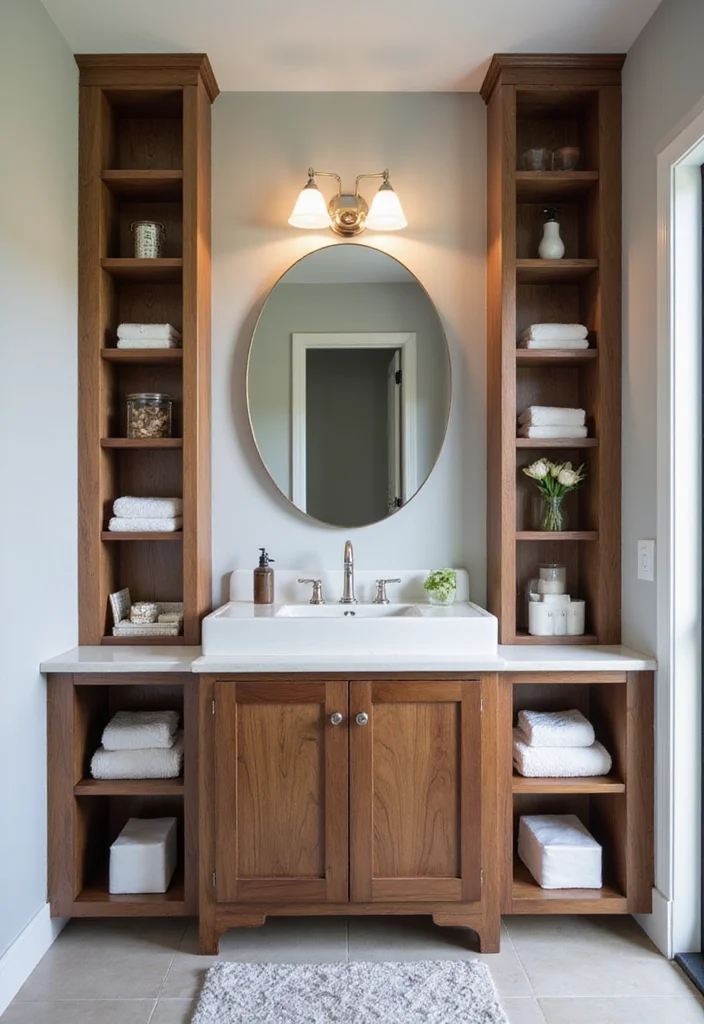 14 Walnut Vanity Bathroom Ideas With Warm Texture - 13. Smart Storage Solutions with Walnut Vanity