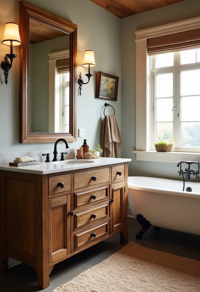 14 Walnut Vanity Bathroom Ideas With Warm Texture - 2. Vintage Charm with Distressed Walnut