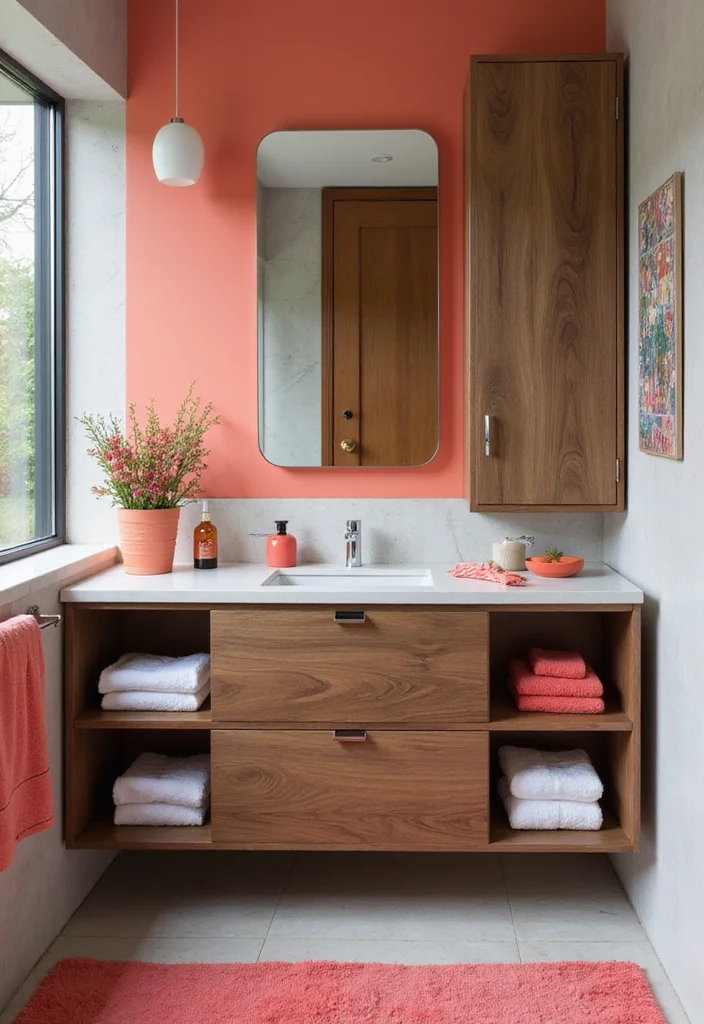 14 Walnut Vanity Bathroom Ideas With Warm Texture - 3. Sleek Walnut Vanity with Bold Accents