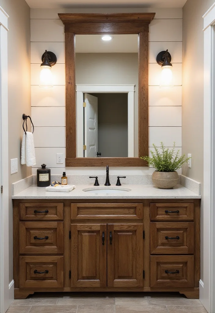 14 Walnut Vanity Bathroom Ideas With Warm Texture - 4. Rustic Walnut Vanity with Farmhouse Appeal