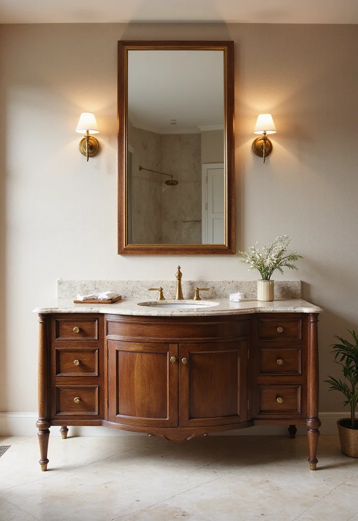 14 Walnut Vanity Bathroom Ideas With Warm Texture - 7. Elegant Walnut Vanity with Marble Countertop