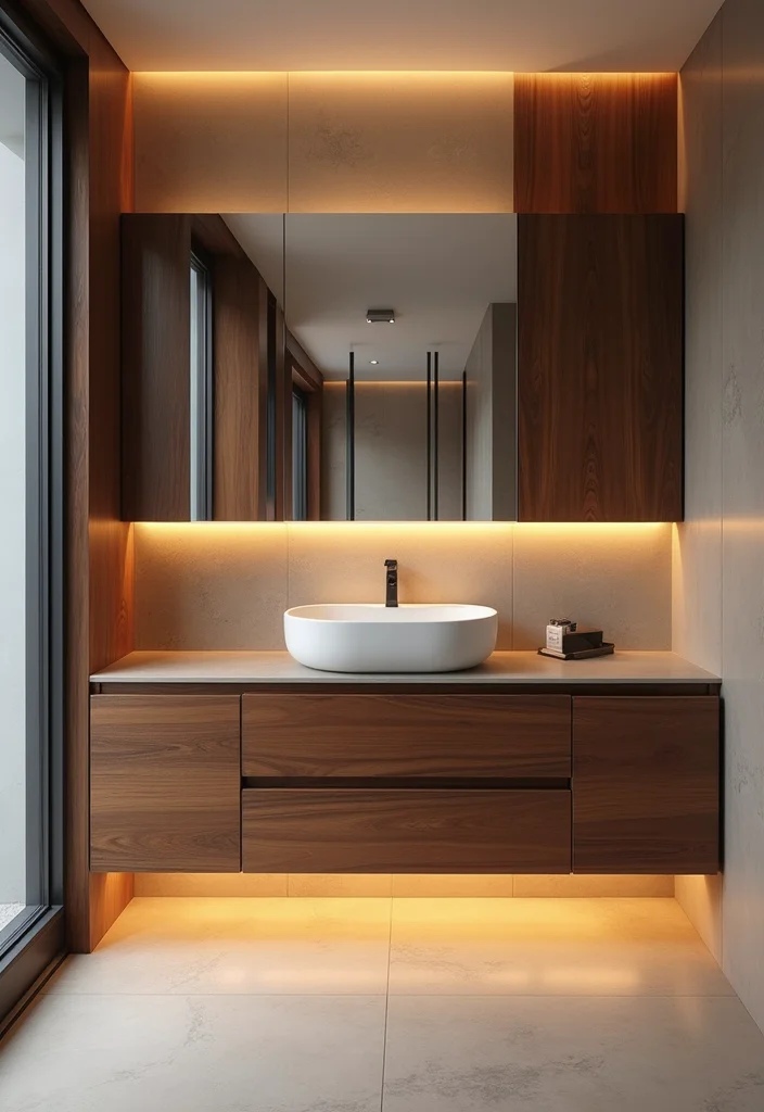 14 Walnut Vanity Bathroom Ideas With Warm Texture - 9. Walnut Vanity with Integrated Lighting