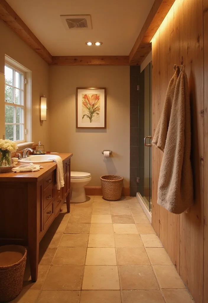 14 Wood Tile Bathroom Floor Ideas For Natural Warmth - 12. Warm Hues for Cozy Vibes