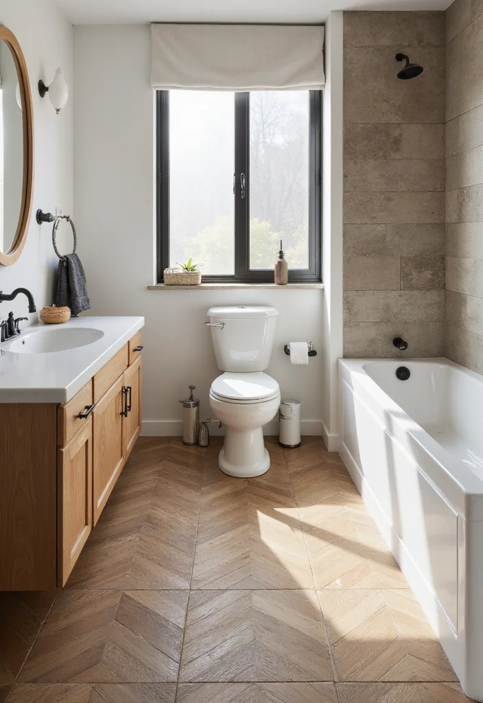 14 Wood Tile Bathroom Floor Ideas For Natural Warmth - 13. Geometrical Patterns with Wood Tiles