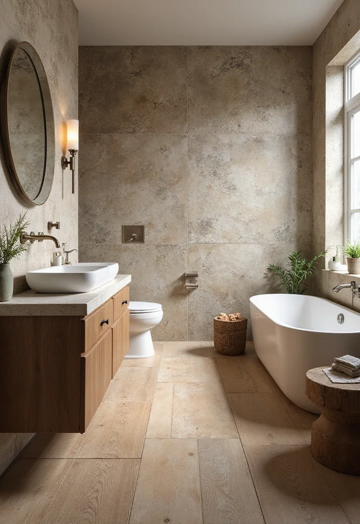 14 Wood Tile Bathroom Floor Ideas For Natural Warmth - 9. Textured Stone and Wood Combos