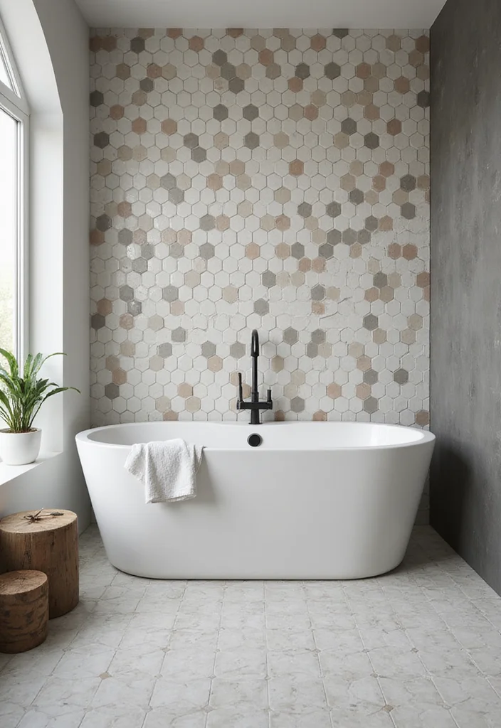 16 Bathroom Feature Wall Tile Ideas That Stand Out - 12. Chic Hexagonal Tiles