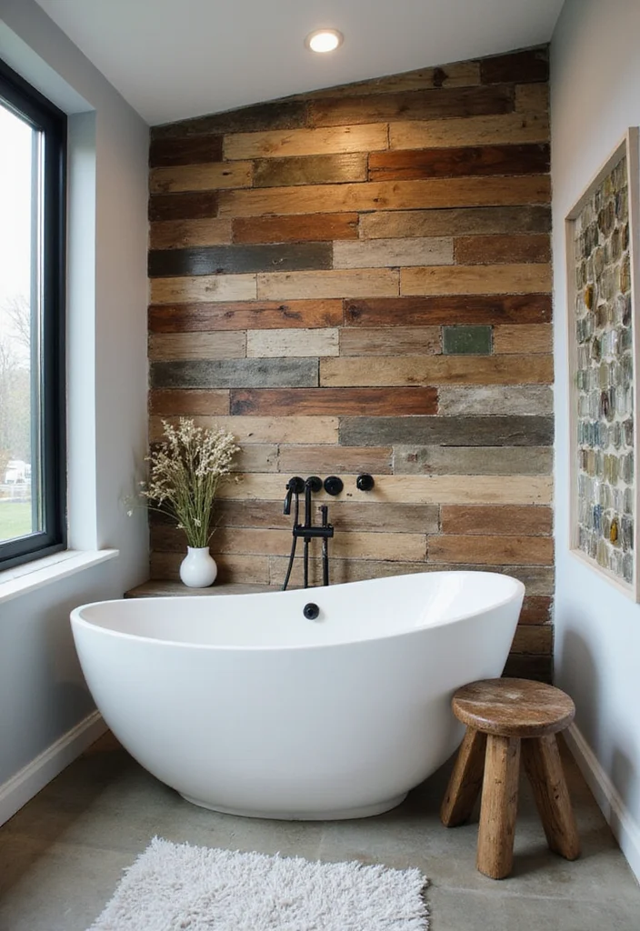 16 Bathroom Feature Wall Tile Ideas That Stand Out - 16. Creative Upcycled Materials