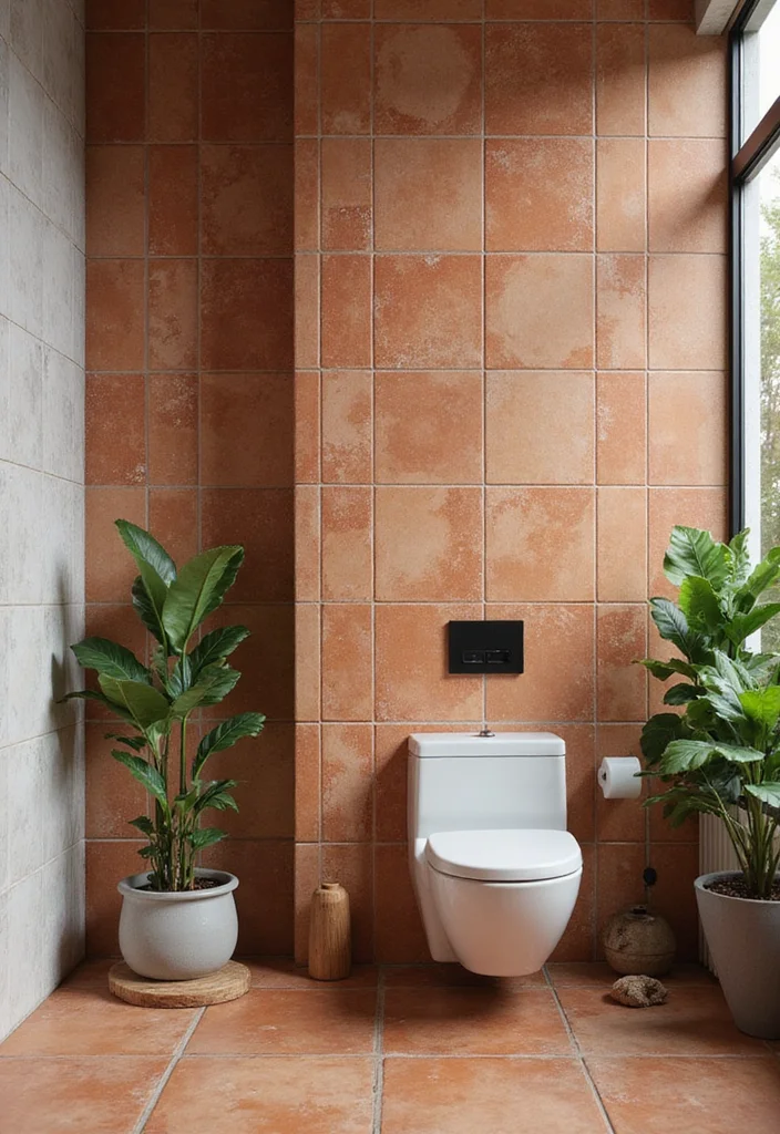 16 Bathroom Feature Wall Tile Ideas That Stand Out - 2. Bold and Beautiful Terracotta