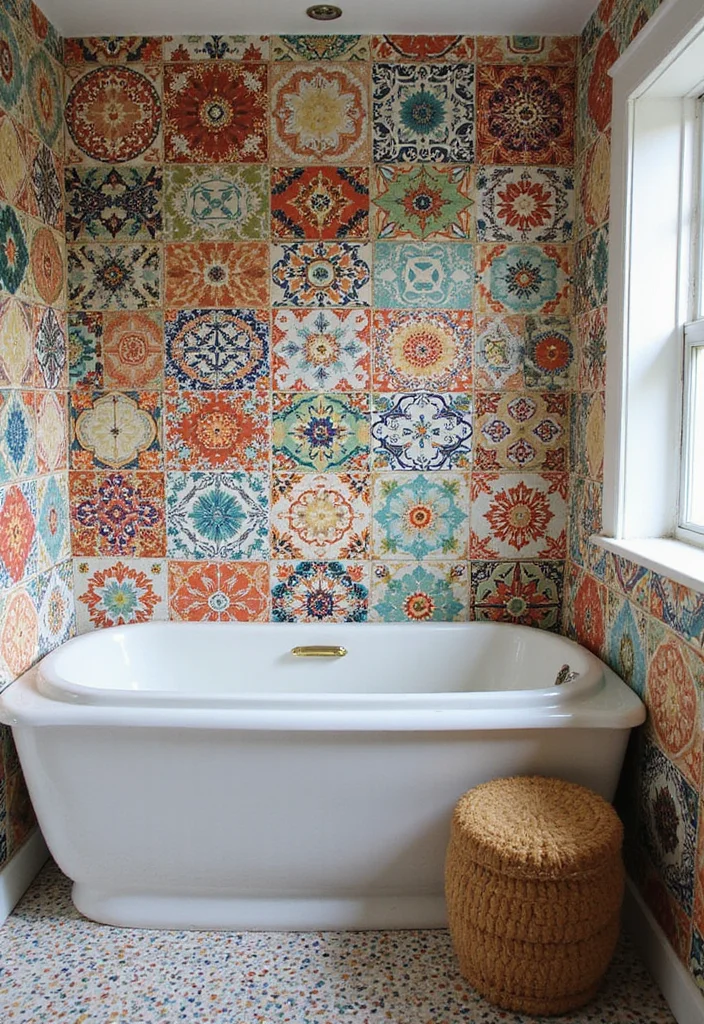 16 Bathroom Feature Wall Tile Ideas That Stand Out - 5. Vibrant Cement Tiles