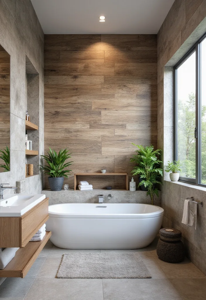 16 Bathroom Feature Wall Tile Ideas That Stand Out - 6. Eco-Friendly Wood-Look Tiles