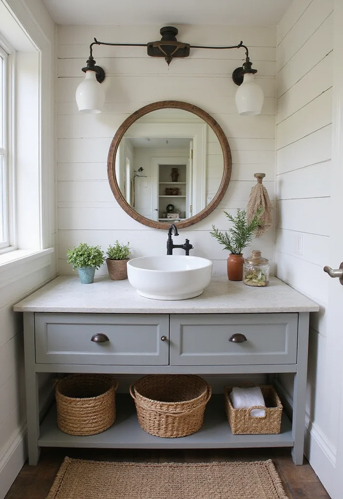 16 Gray Vanity Bathroom Ideas For Neutral Elegance - 9. Vintage Farmhouse Charm
