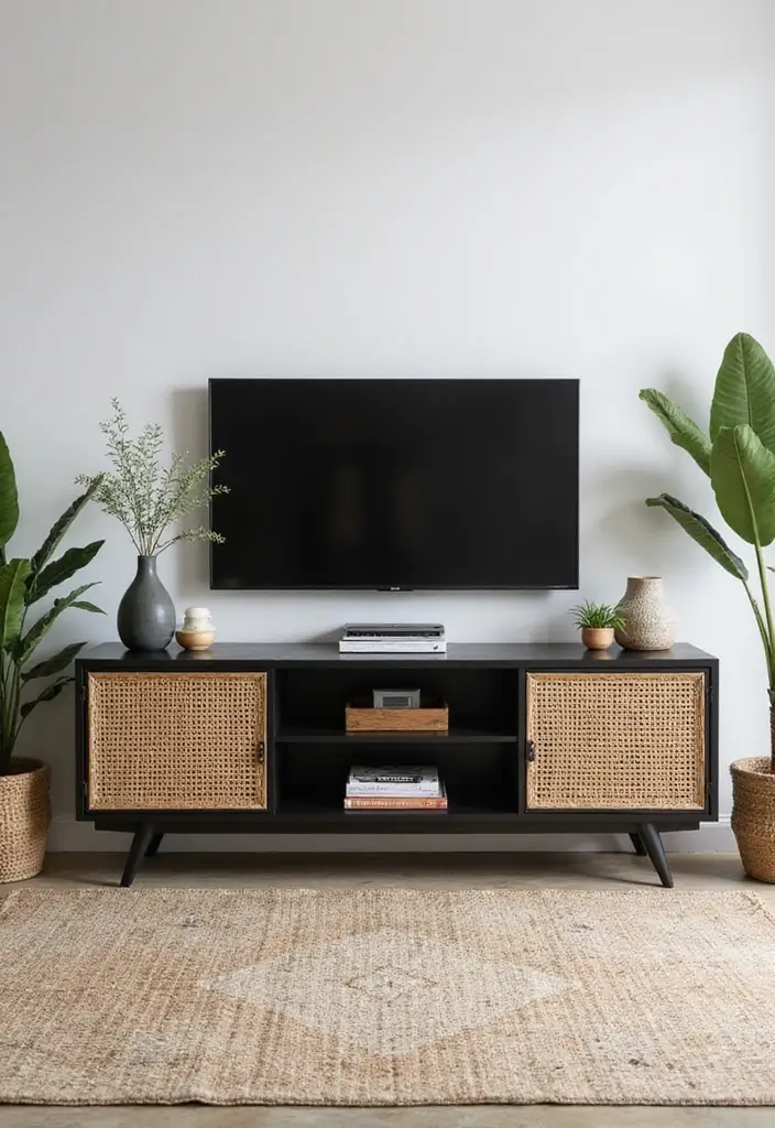 25 Black and Rattan Bedroom Ideas That Mix Modern and Natural Styles - 10. Black and Rattan Media Console