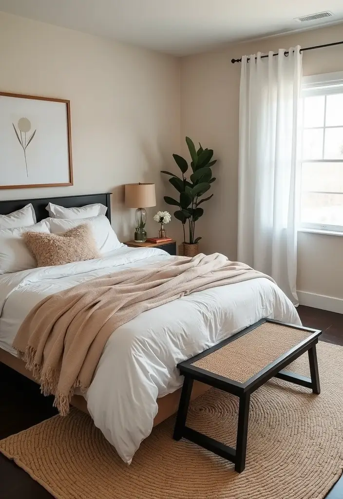 25 Black and Rattan Bedroom Ideas That Mix Modern and Natural Styles - 11. Layered Rugs: Black and Rattan