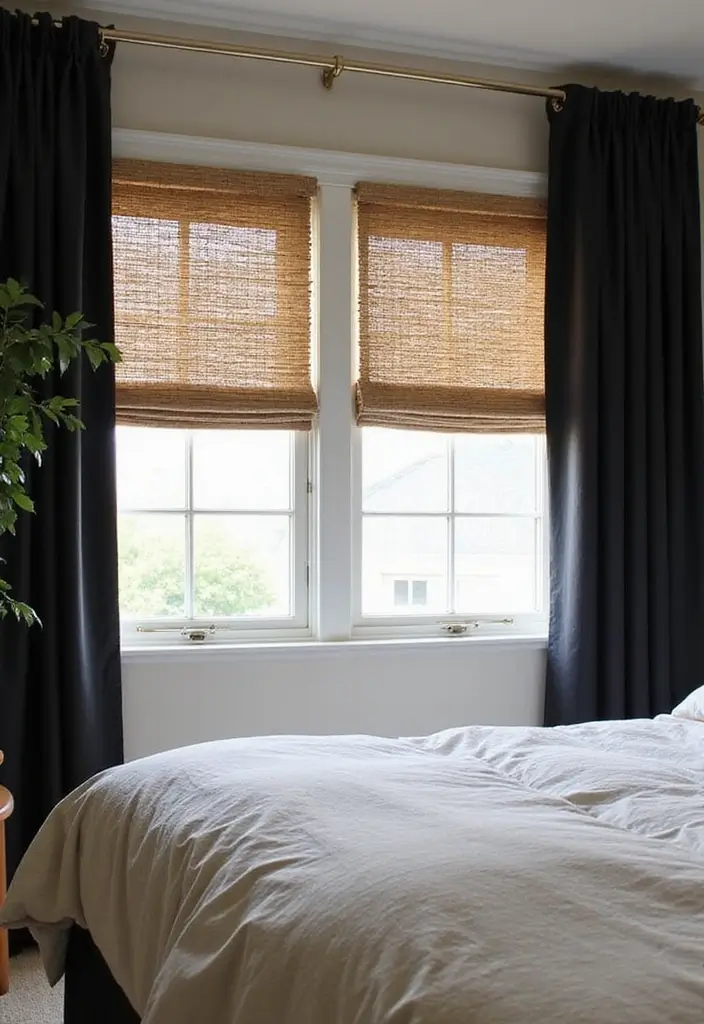 25 Black and Rattan Bedroom Ideas That Mix Modern and Natural Styles - 14. Black and Rattan Window Treatments