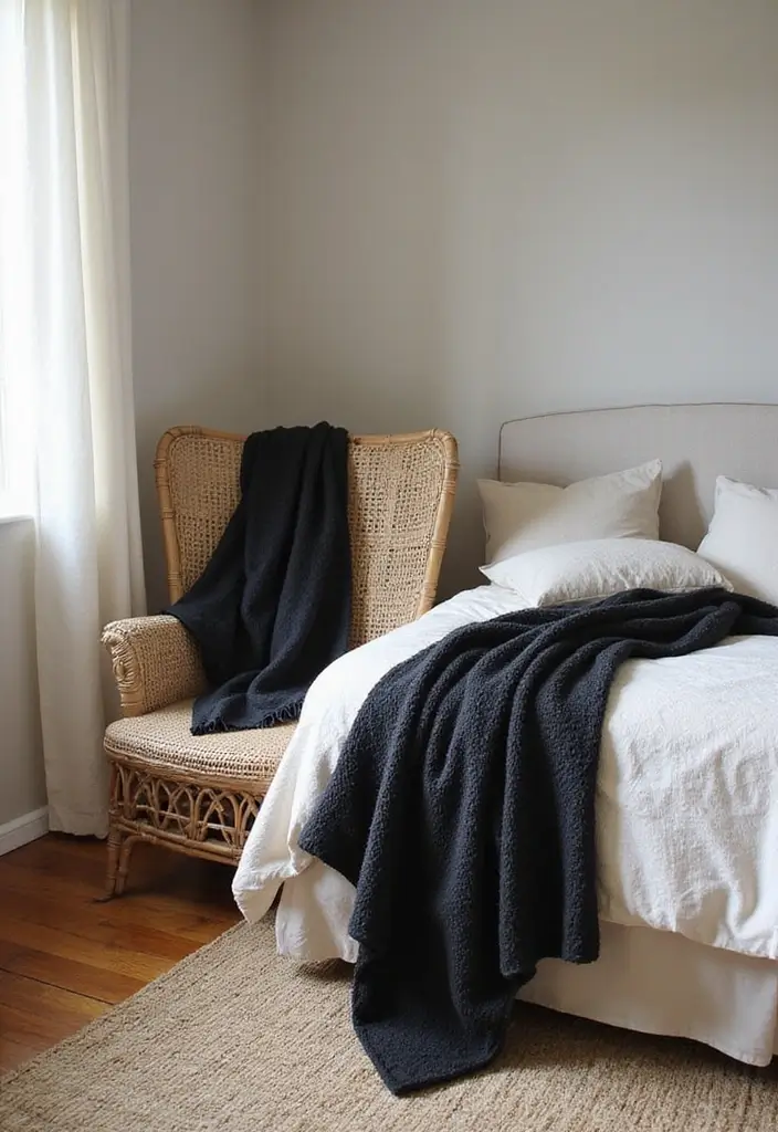 25 Black and Rattan Bedroom Ideas That Mix Modern and Natural Styles - 15. Black Rattan Throw Blanket