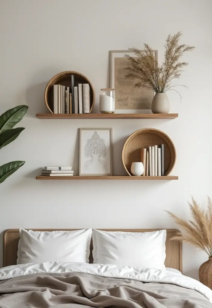 25 Black and Rattan Bedroom Ideas That Mix Modern and Natural Styles - 16. Rattan Wall Shelves