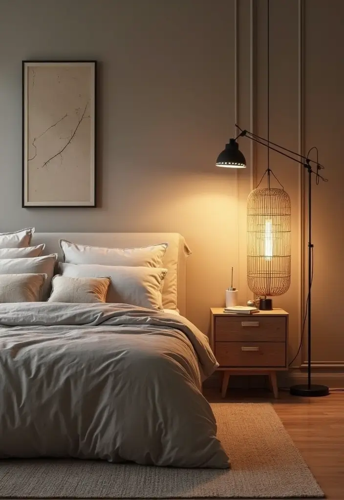 25 Black and Rattan Bedroom Ideas That Mix Modern and Natural Styles - 17. Black and Rattan Floor Lamps