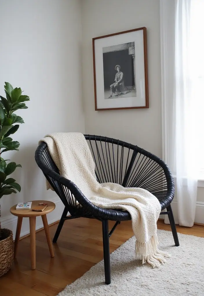 25 Black and Rattan Bedroom Ideas That Mix Modern and Natural Styles - 19. Statement Black Rattan Chair